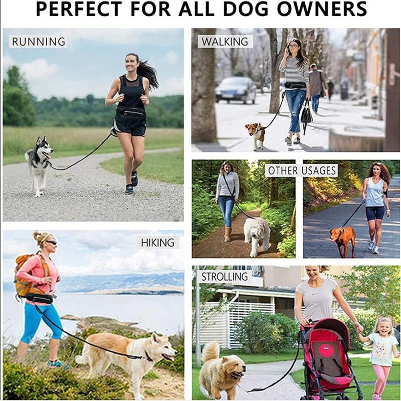 WhiskerWash FreeStride™ Hands-Free Dog Leash Belt
- With Shock-Absorbing Bungee, Phone Pocket & Water Bottle Holder – For Dogs up to 180 lbs